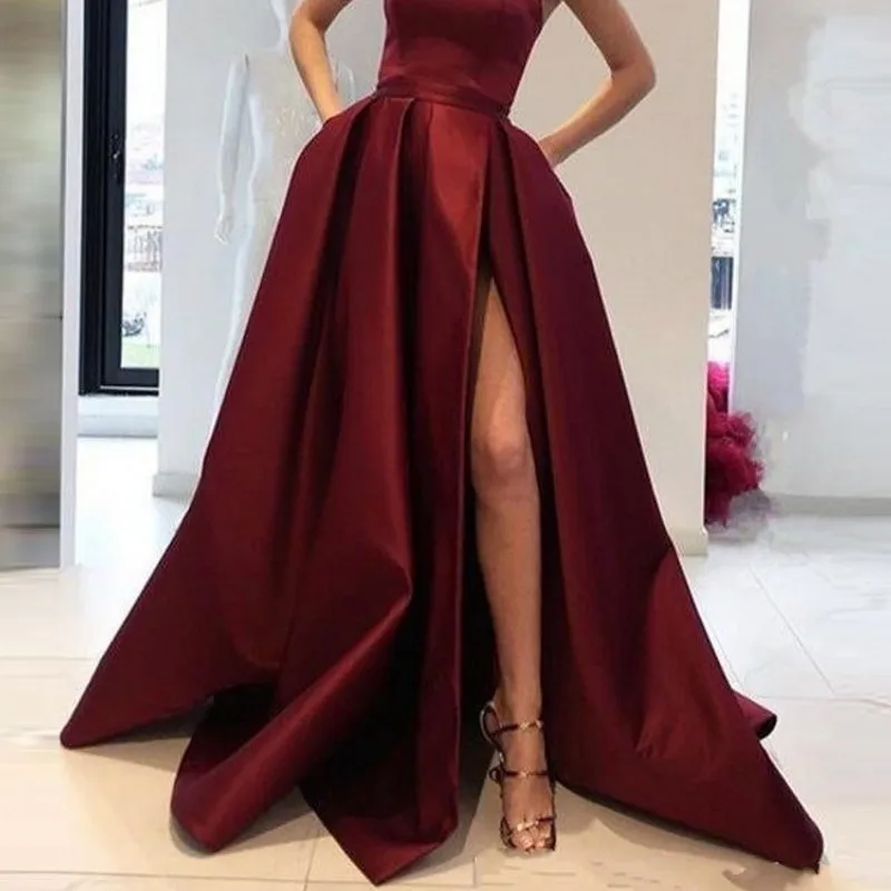 

Sexy Split Skirts Long Burgundy A Line falda femme jupes Plaid Skirt Maxi Satin Elegant Custom Made