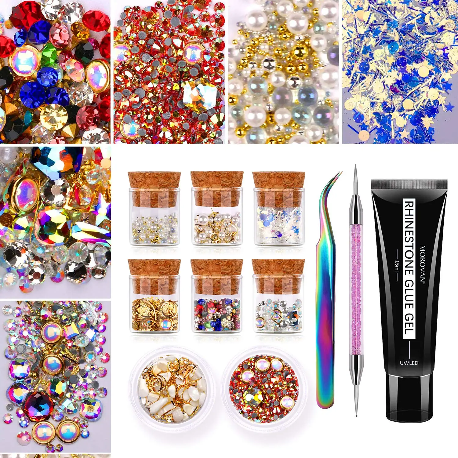 

3D AB Glass Nail Art Rhinestones Set Set Mix 8 Style Gems Stones Multi Shapes Crystal Diamonds Sequins Pearls with15ml Gel Glue