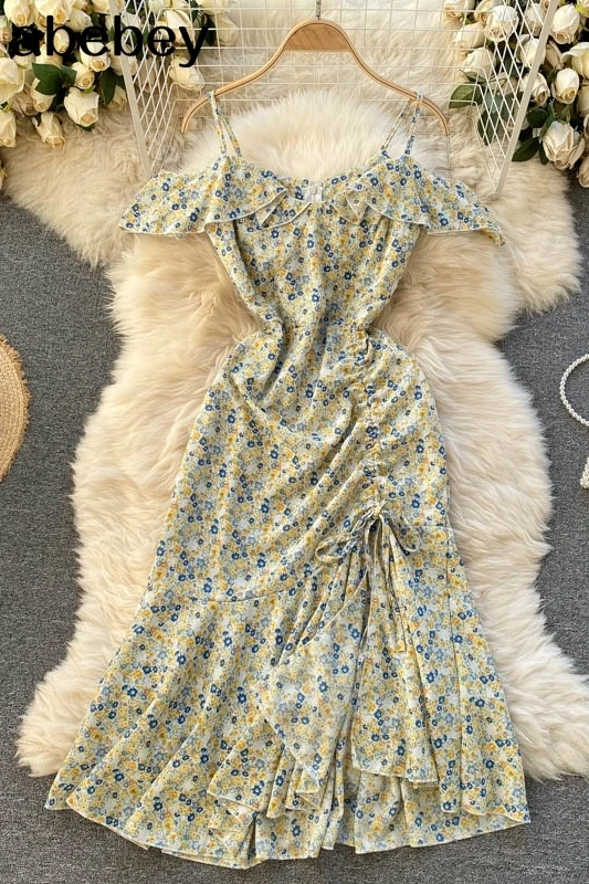 

boho Spaghetti Strap strapless Sleeveless Beach Dress Floral Printed Backless Sexy Club Dresses Holiday Ruffles A LIne Vestido