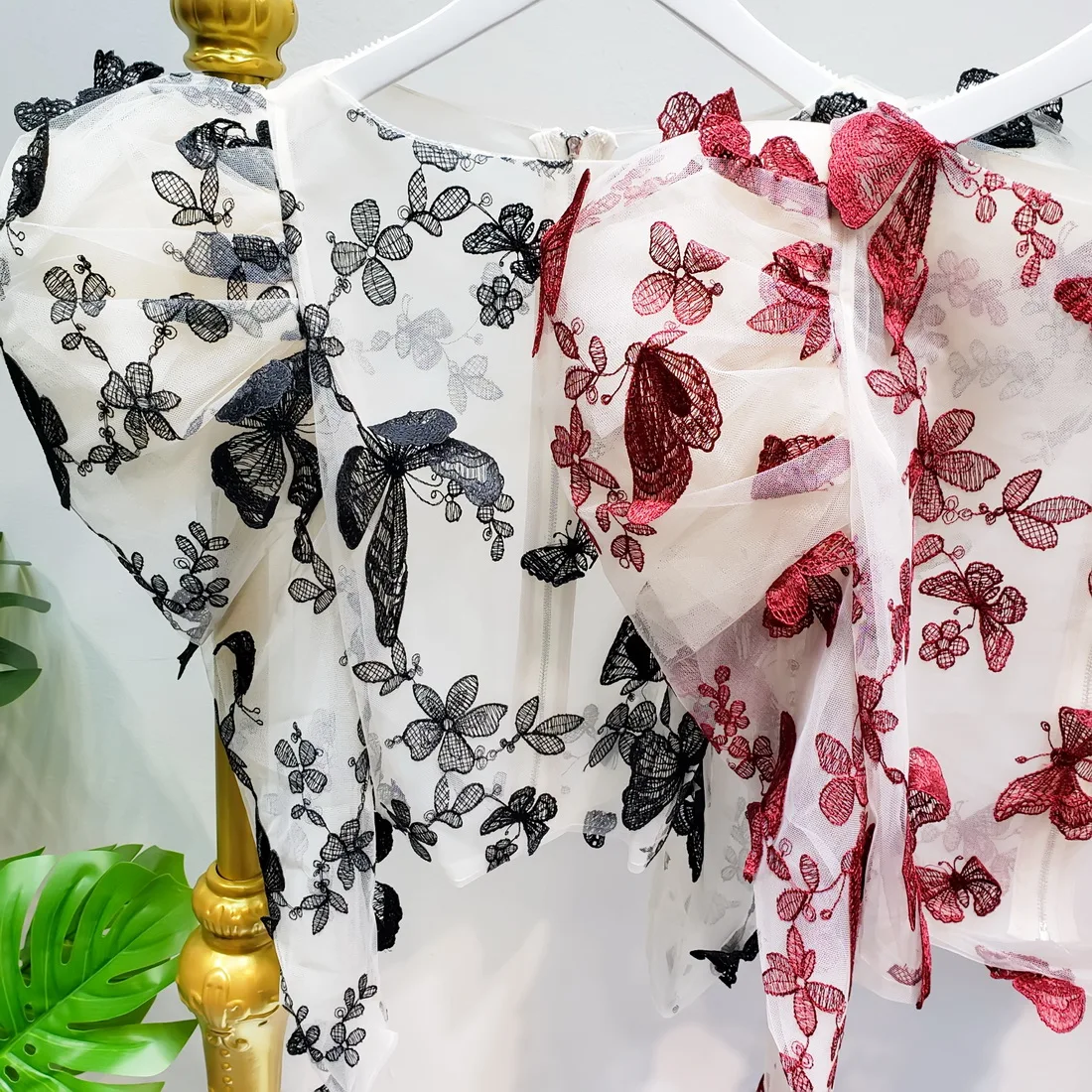 L77street Heavy Industry Mesh Butterfly Embroidered English Lantern Sleeve Perspective Slim Long Sleeve Thin Shirt