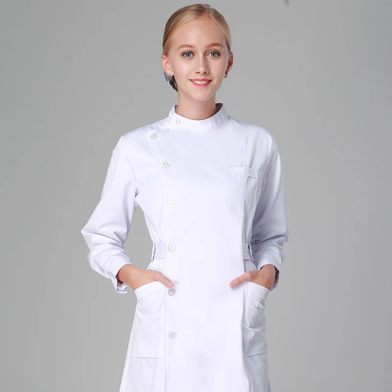 

2021Uniforms Dress Robe White Women Nursing Scrubs Jacket Full Length Poly Cotton SPA Beautician Veterinary Work Wear Uniform