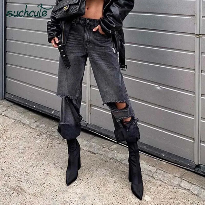 black jeans SUCHCUTE Hole Jeans Women Wide Leg Denim Pants Plus Size Punk Korean Style Trouser Casual Korean Style Harajuku Female Joggers - Цвет: black jeans