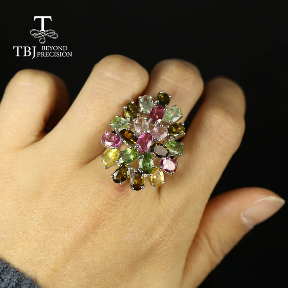 Натуральное многоцветное кольцо с турмалином из стерлингового серебра 925 пробы