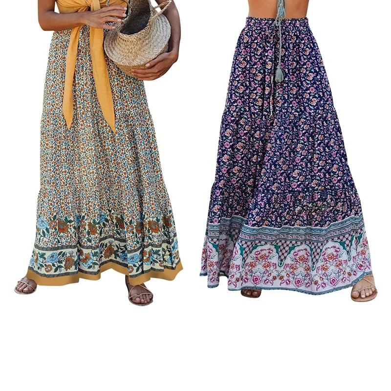 

Длинные юбки с завышенной талией в стиле бохо, трапециевидная юбка макси с цветочным принтом, на шнуровке, на шнуровке, размер L, синие и перс...