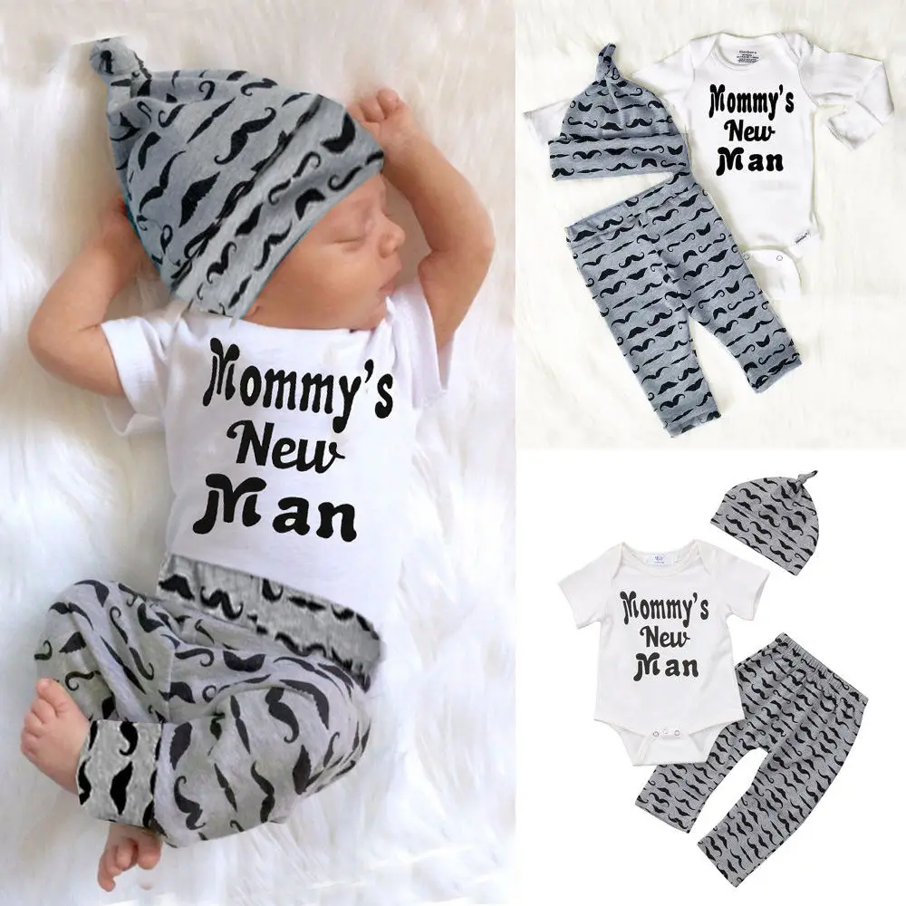 

3PCS Newborn Infant Baby Boy Cotton Tops Romper+Pants Legging+Hat Outfits Clothes Set