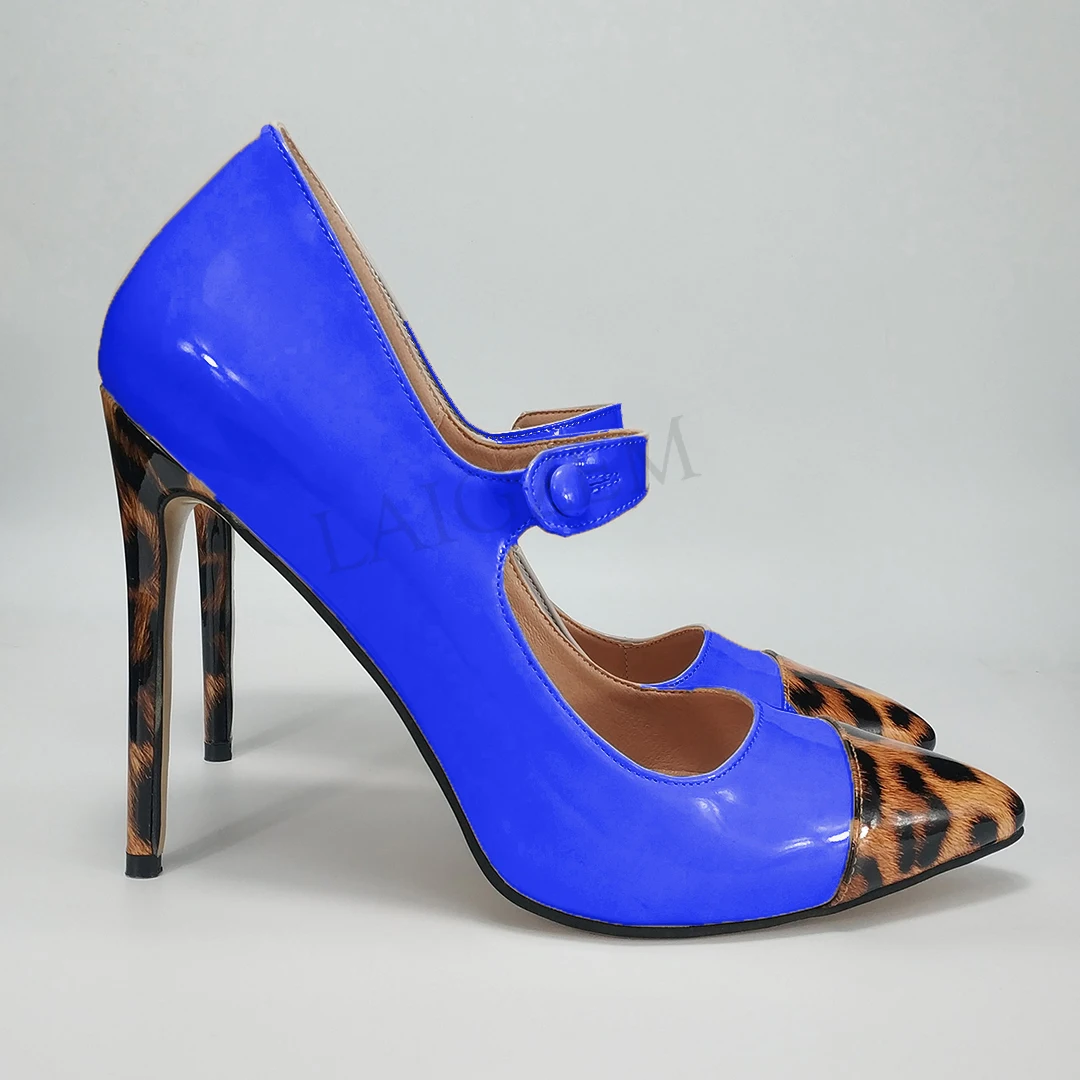 Blue Leopard LAIGZEM/женские туфли на каблуке-шпильке в стиле пэчворк; Туфли Mary Jane на каблуке с острым носком для вечеринки; женские туфли-лодочки; г.; большие размеры 45, 46, 47 - Цвет: Blue Leopard