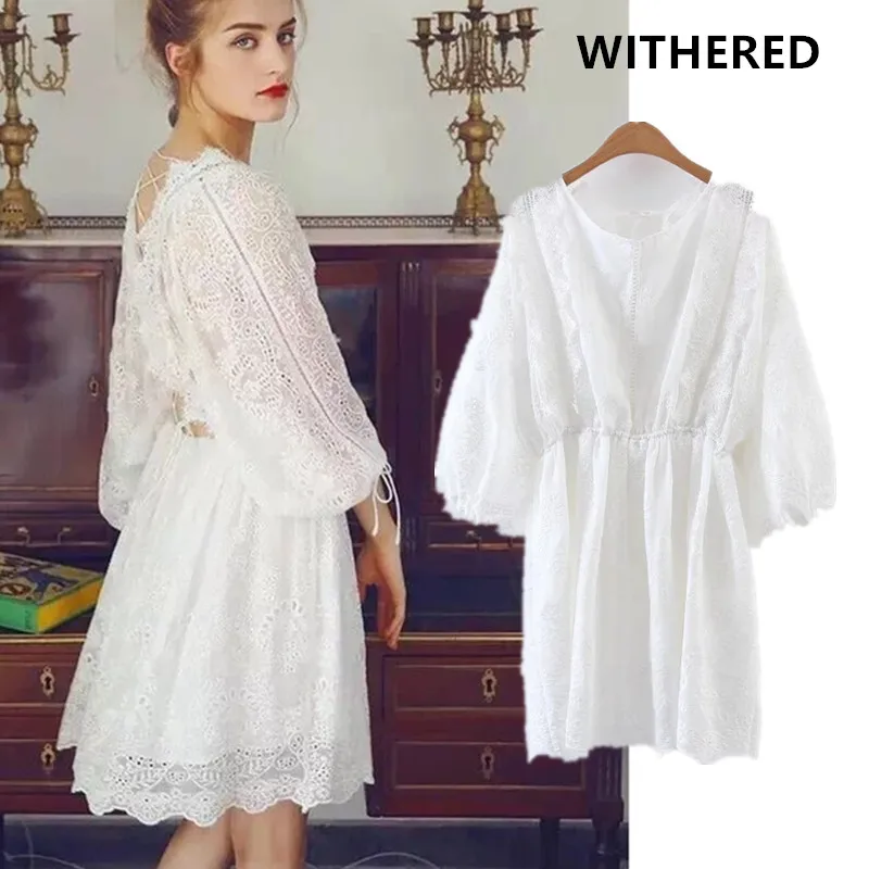 

Withered summer dress vestidos vintage white batwing sleeve lace hollow out on back collect waist party dress women plus size