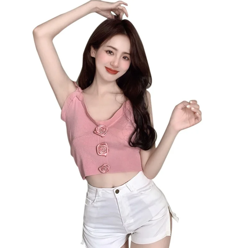 

EFINNY Summer Wear Korean Style Women Camis Summer Solid Color V Neck Flower Sexy Navel Knitted Tank Tops Short Sleeve Crop Top