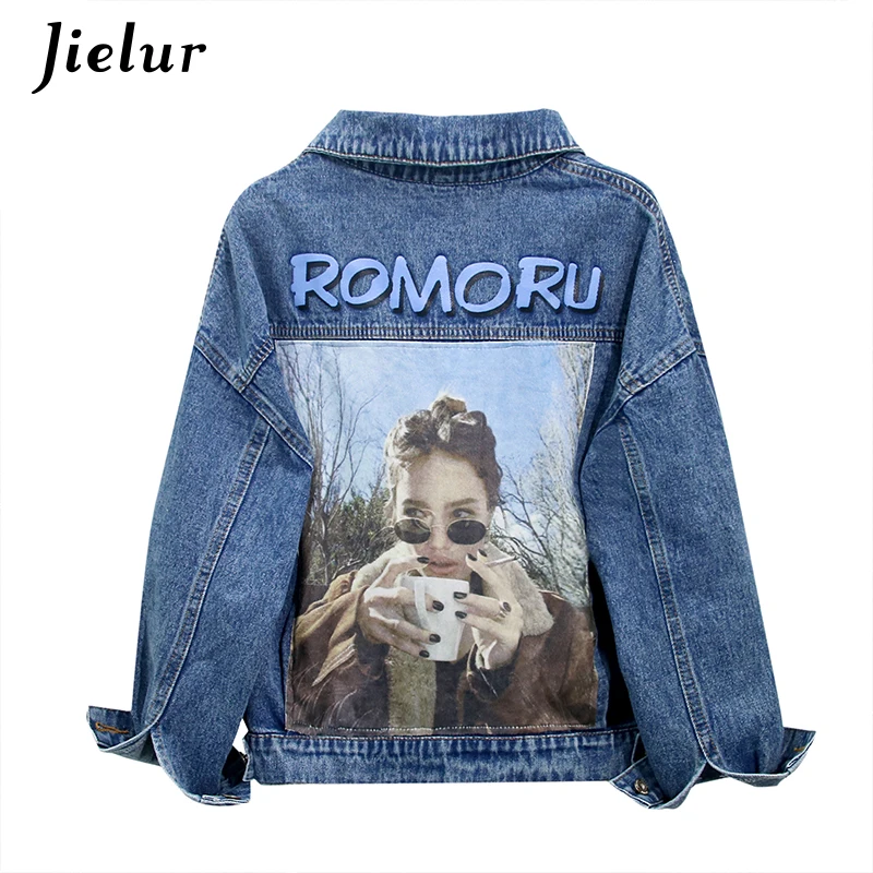 

Jielur Blue Denim Jacket Letter Print 2020 New Autumn Winter Loose Outwear Jeans Jacket Women Long Sleeve Jeans Coat Women Slim