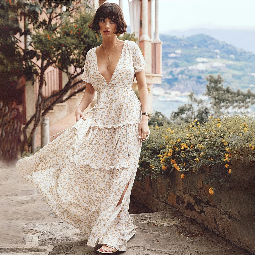 

Fridayin 2021 Summer New Women Bohemian Ruffled Tops Fashion Sexy All match Floral Dresses Group Women's Loose V-neck Long Top