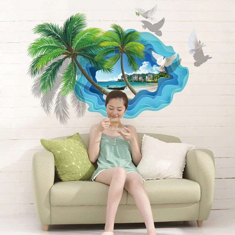 

3D Beach Coconut Tree Birds Wall Stickers Home Decor Kids Rooms Living Room Decoration Wallpaper PVC Plants DIY Art Mural Poster