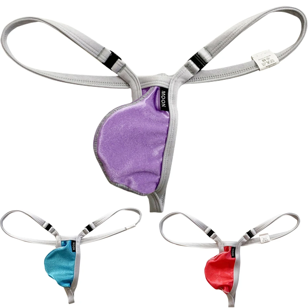 Мужские трусы стринги с U образным выпуклым мешочком черные блестящие бикини на