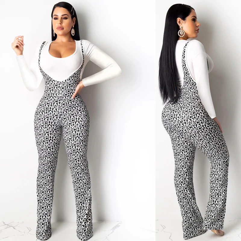 

Women Jumpsuits Rompers Sleeveless Sexy Letter Prined Spaghetti Strap Wide Leg Floor-length Jumpsuits Casual Tshirt Overall