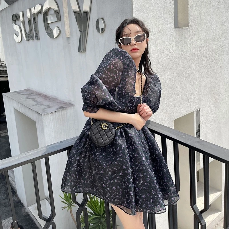 

Kimotimo Woman Floral Dress Summer Retro Palace Style Square Collar Puff Sleeve Fluffy Dress Korean Organza Mini Princess Dress