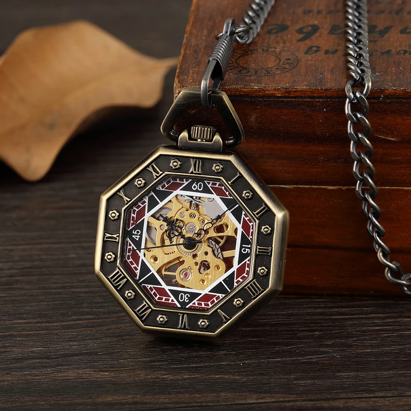 Gorben Vintage Mechanical Pocket Watch Octagonal Dial Mechanical Hand Wind Movement with FOB Chain