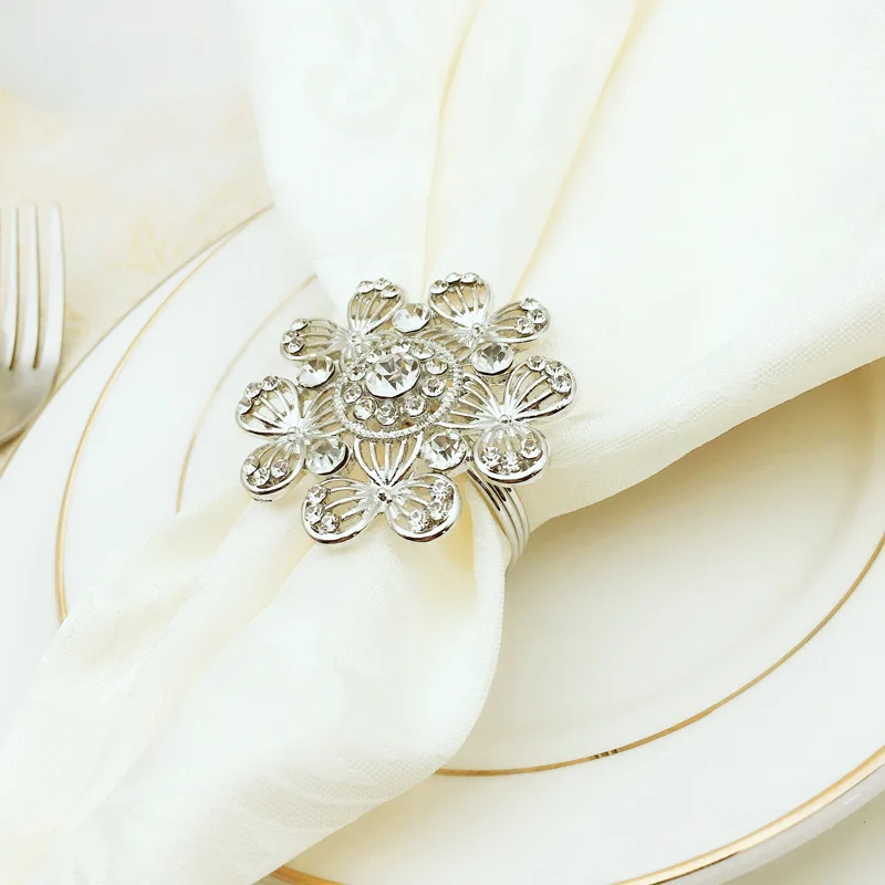 TAI Top 6Pcs/Set Crystal Flower Gold Silver Napkin Rings Metal Hollow Holder Buckle For Wedding Party Hotel Supplies |