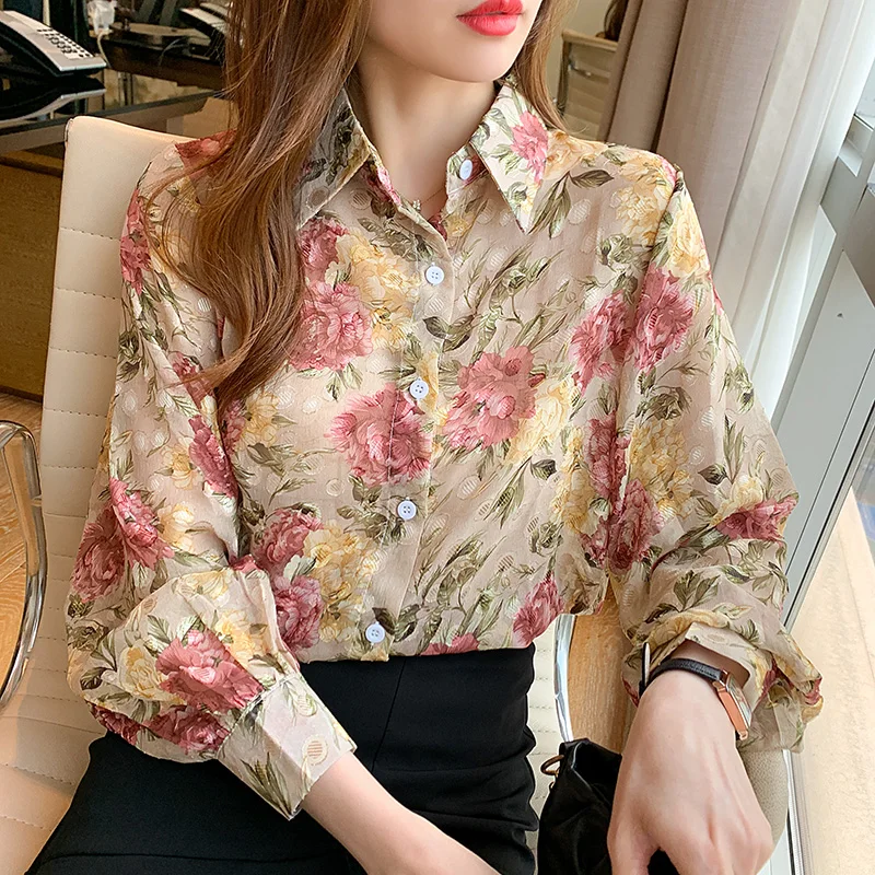 

Chiffon Women's Blouse Polo Shirt Casual Clothing Print Long Sleeve Top Loose Spring Autumn Summer Houthion