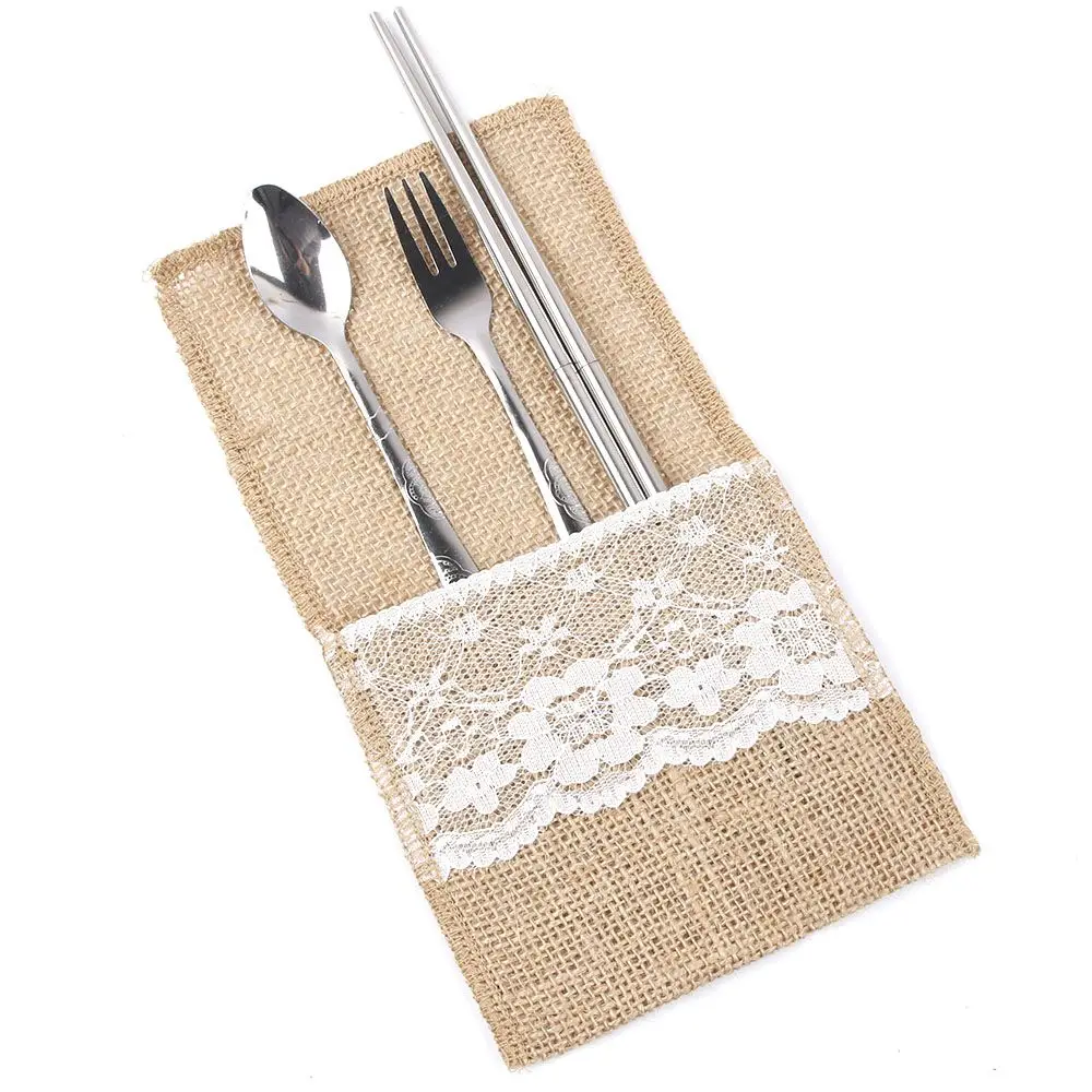 

Vintage Jute Hessian Burlap Linen Lace Cutlery Pouch Rustic Wedding Decoration Party Birthday Tableware Supplies Holder Bag