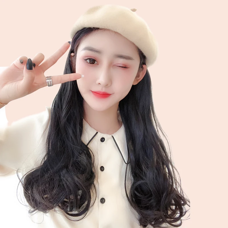 MUMUPI осень и зима девушка черные длинные вьющиеся волосы с шляпой интегрированный