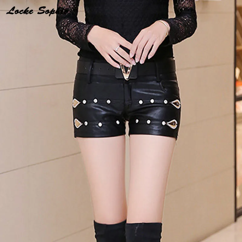 Женские кожаные шорты с высокой талией больших размеров осенние из