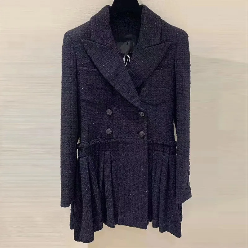 

Fashion Tweed Dress Women Autumn Long Sleeve Lapel Pocket Double Breasted Slim Pleated Dress Office Ladies Elegant Mini Dresses