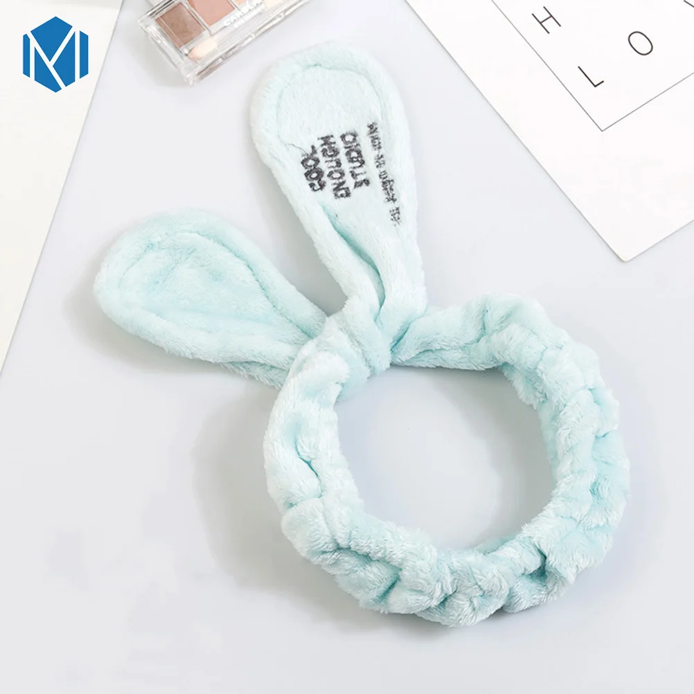 Blue Ear M MISM коралловый флис письмо OMG головные повязки с бантиком для женщин девочек мыть лицо эластичная чалма лента для волос Макияж Аксессуары для волос - Цвет: Blue Ear