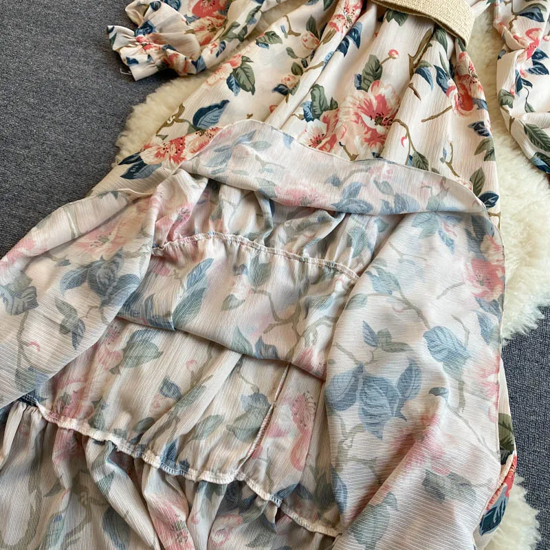 

FMFSSOM Summer Spring Floral Printed Sashes Chiffon Puff Sleeve V-neck Women Female A-line High Waist Long Dress