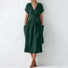 Женское винтажное платье из хлопка и льна, повседневное однотонное платье с V-образным вырезом и коротким рукавом, платье с запахом, карманами, разрезом на Подоле и поясом, лето