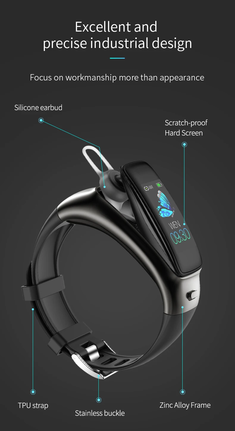 TB02 Bluetooth наушники умный браслет 2 в 1 шумоподавление с микрофоном 0,9" пульсометр кровяное давление смарт-браслет музыкальные гарнитуры