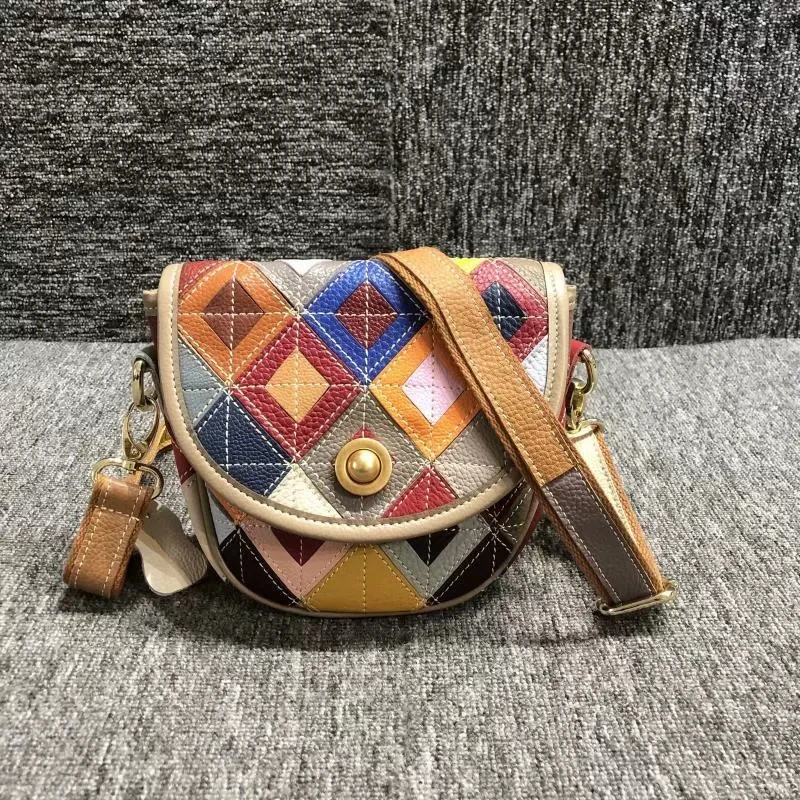 

Leather woman bag splicing color bag head layer color cowhide woman shoulder tide bag cross-body bag