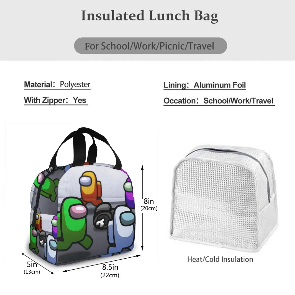 

NOISYDESIGNS Among Us Portable Insulated Lunch Bag Washable And Reusable Durable Outdoor Travel Picnic Lunchbox School Office