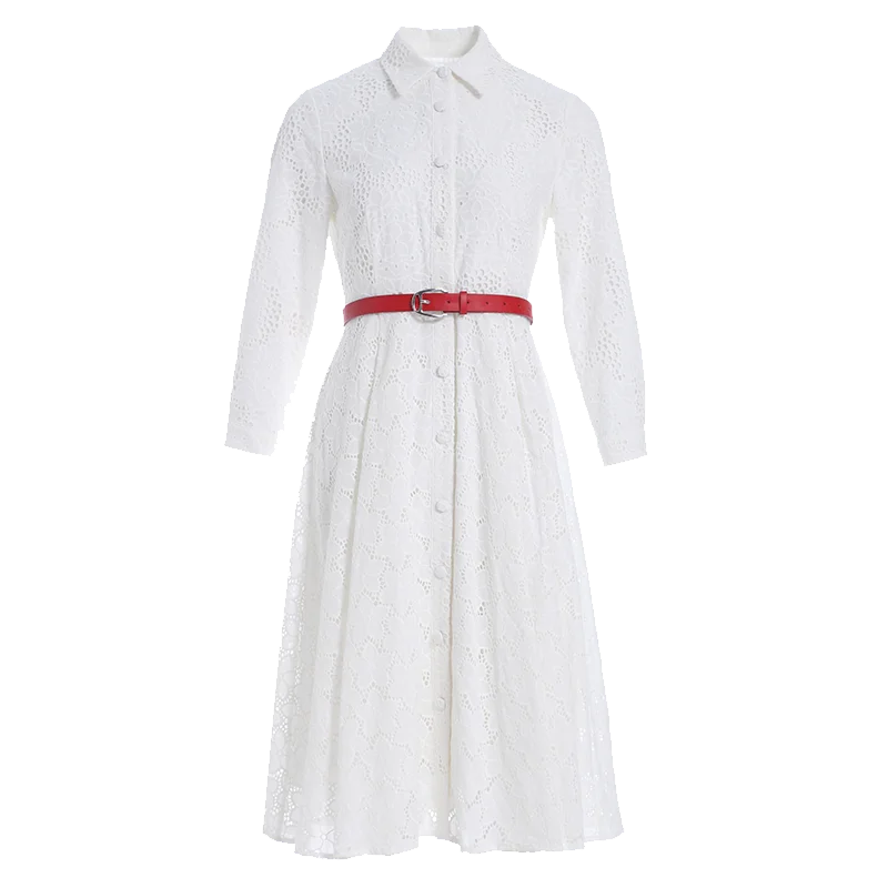 

OSY 2021 Spring New High-End Cotton Hollow Out Embroidery Lace Medium Length Women's White Dress With Thin Waist