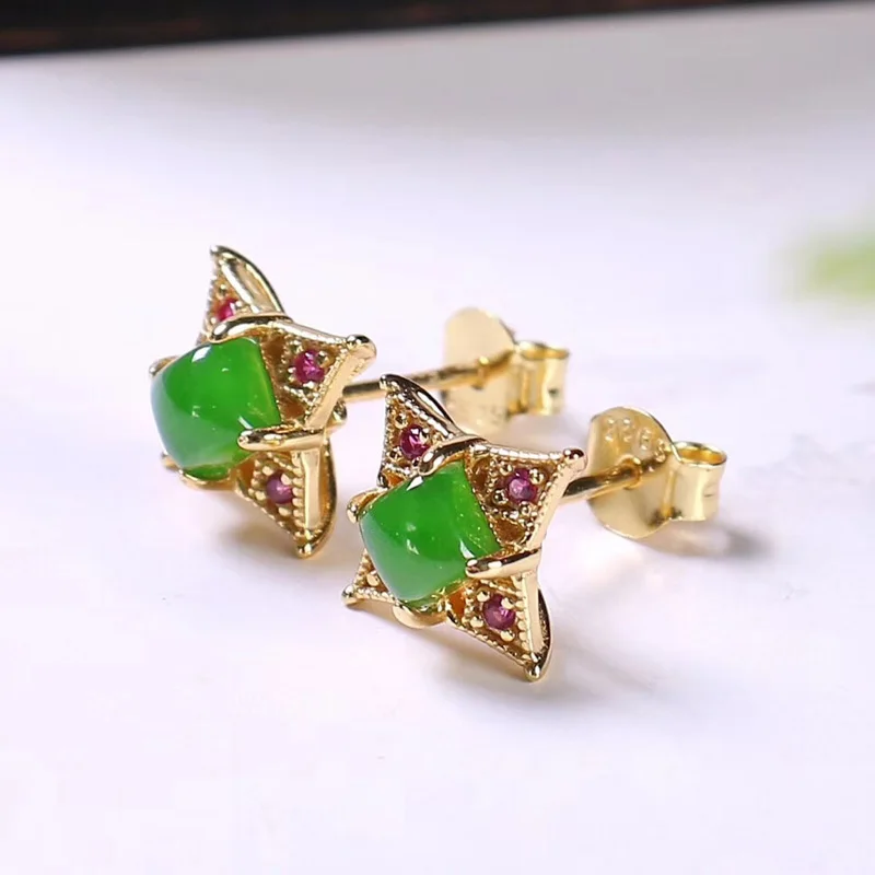Jadery 925 пробы серебряные серьги-гвоздики 18 К позолота натуральная яшма нефрит