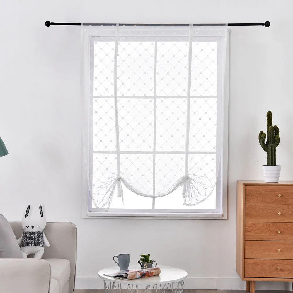 Короткие римские шторы из белого тюля элегантные занавески с вышивкой в клетку