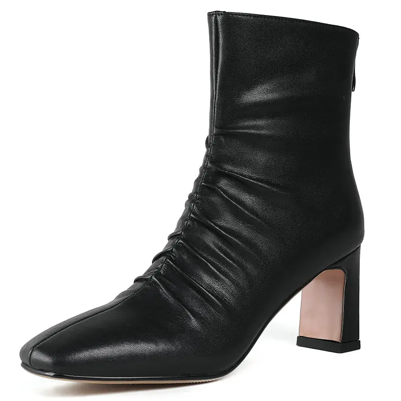 

Square Toe High Heels Women Ankle Boots pleated genuine leather Office Lady back Zipper Stretch Boots Shoes Woman Autumn Winter