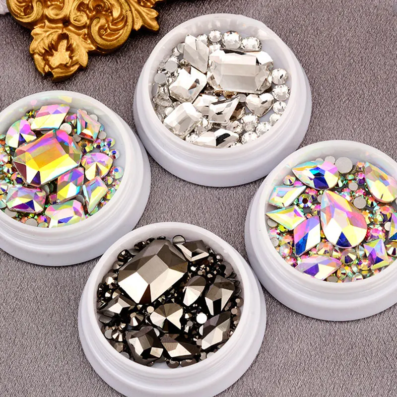 

1Box Glitter 3D Rhinestones AB Flat Back Shiny Stones Nail Art Decorations Mixed Size Nail Gems Crystal Strass Accessories