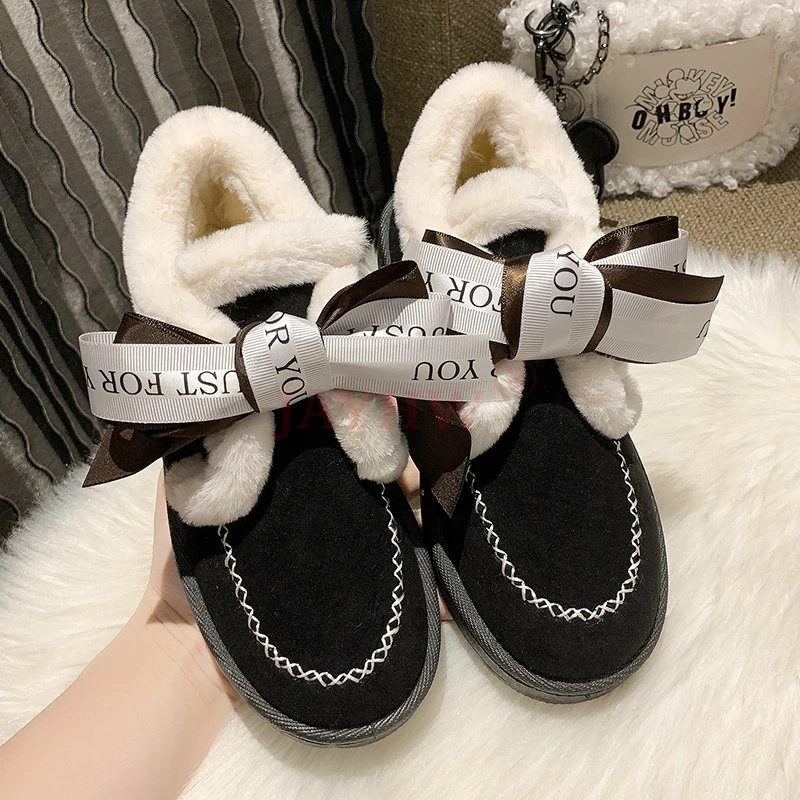 

Женские ботинки JAYHW, милые зимние ботинки с бантом из ленты, женские повседневные Нескользящие ботильоны, Студенческая плюшевая теплая хлоп...