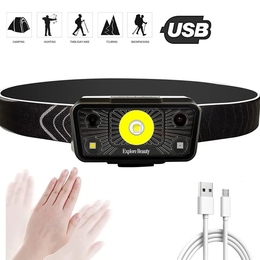 Фонарь налобный светодиодный водонепроницаемый с USB-зарядкой и 5 режимами работы