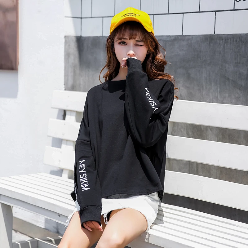 

T Shirt Women New Korean Style Loose Long-Sleeved T-shirt Cutout English Fashion Casual Round Neck Top Women