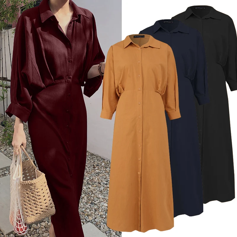 

2021 new Stylish Solid Shirt Dress Women's Autumn Sundress Casual Button Maxi Vestidos Female Lace Up High Waist Robe Oversized