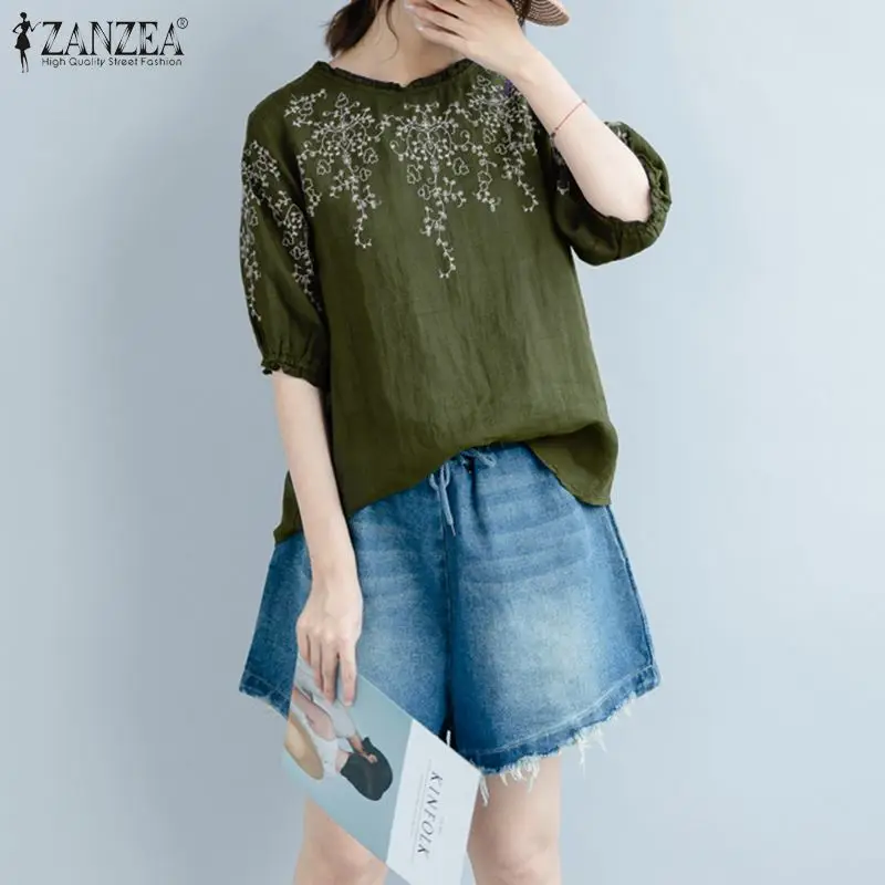 Модная хлопковая туника с круглым вырезом женская летняя блузка ZANZEA 2021