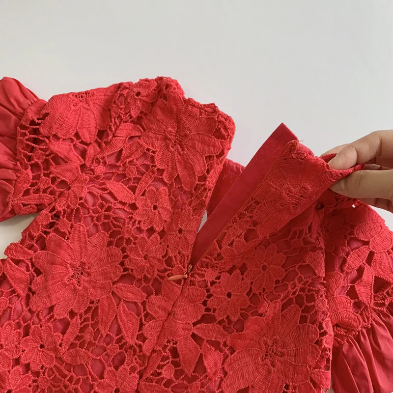 

New Red Lace Dress for Girl Baby 2020 Summer Flower Princess Dress Flare Sleeve Wedding Pageant Dresses Birthday Party Clothes