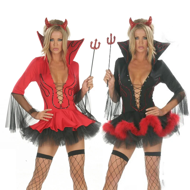 Disfraz gótico de Halloween para mujer, Mini tutú con escote en V profundo, rojo y negro