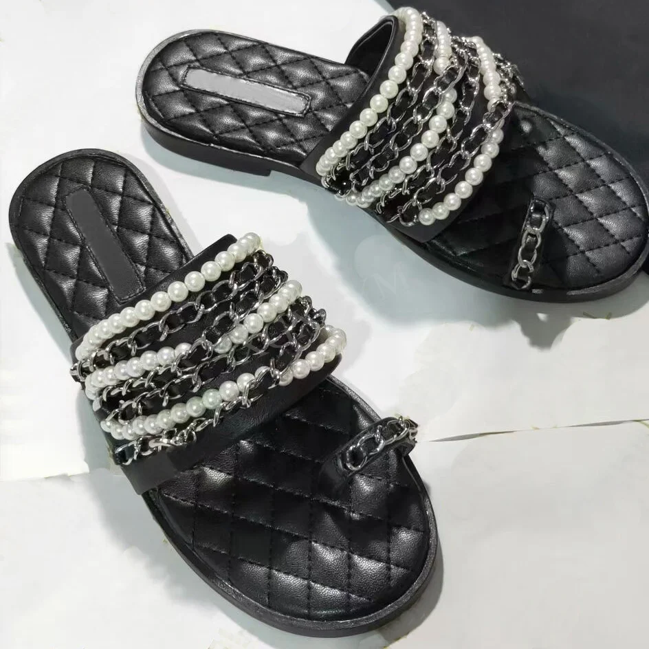 

Summer Slippers Women Flat Flip Flops Luxury Design Pearls Metal Chain Open Toe Slide Slip On Soft Shoes Genuine Leather Slipper