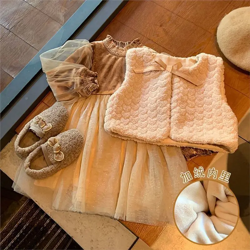 

Girls Plus Velvet Dress Suit Children 2021 New Winter Clothes Baby Foreign Two-Piece Dress Princess Dress