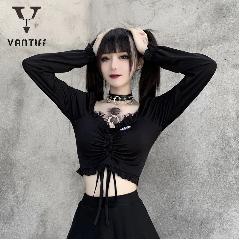

Palace Retro Sexy Crop Tank Tops Shirt European and American Women Retro Slim Jacket Pleated Sleeves V-neck Long Sleeve T-shirt