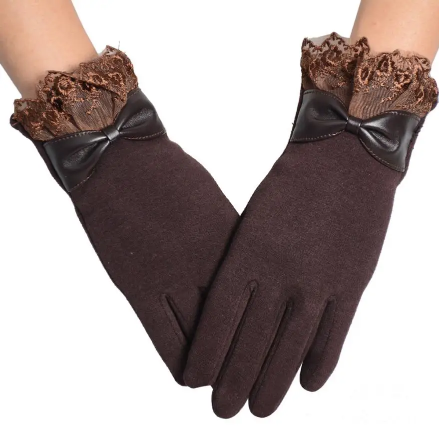 1 пара, женские зимние теплые перчатки для вождения, для смартфона, Vogue, бант, кружево, полный палец, для улицы, мотоциклетные перчатки, перчатки для рук, варежки# BL5 - Цвет: Coffee