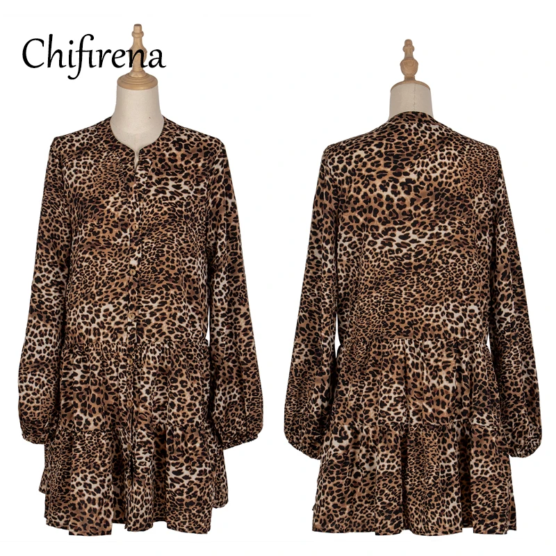 

Chifirena Autumn Leopard Women Dress V Neck Long Sleeve Button Ruffle Dresses Female High Waist Loose Casual Vestidos Mujer