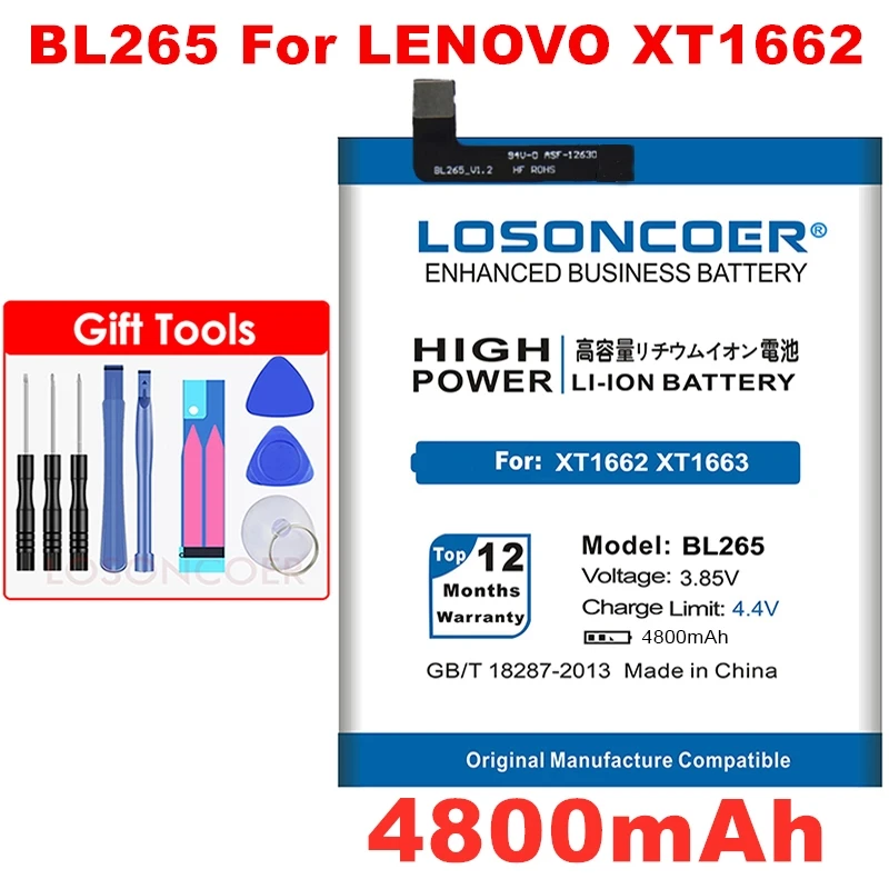 LOSONCOER 4800 мАч BL265 для lenovo M Kung-Fu XT1662 батарея для MOTO M XT1663 XT1662 батареи для телефонов+ номер отслеживания+ Бесплатные инструменты