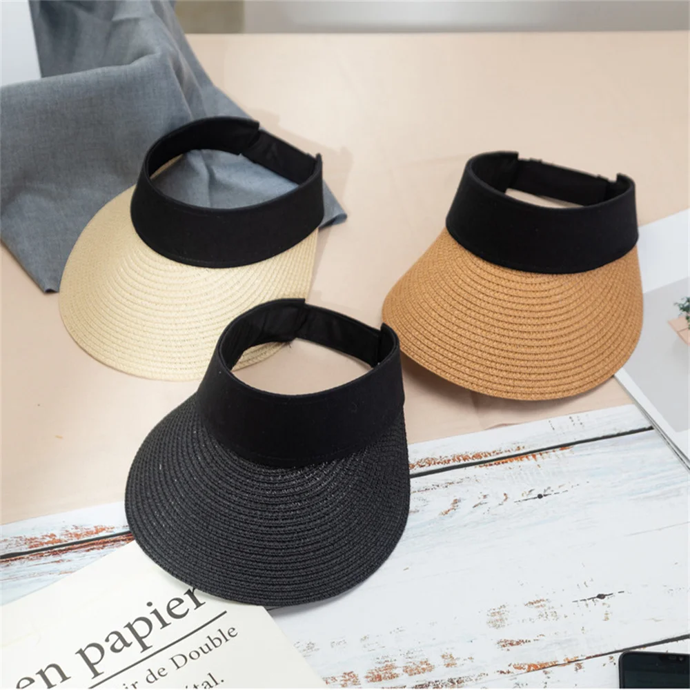 

2021 Summer Empty Top Suncap Portable Foldable Magic Tape Roll Up Beach Hat Wide Brim Women Sun Hat Fashion Casual Straw Cap